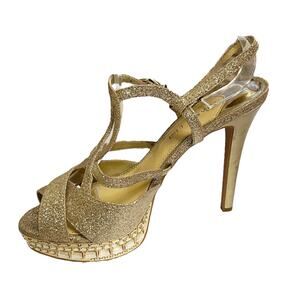 GIANNI BINI “Myra” Platform Champagne Gold Sandals Strappy Stiletto Heel 8.5 EUC